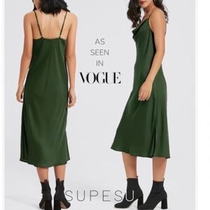 SUPESU Satin Midi Slip Dress Adjustable Spaghetti Strap, Green, Size XS, NWT